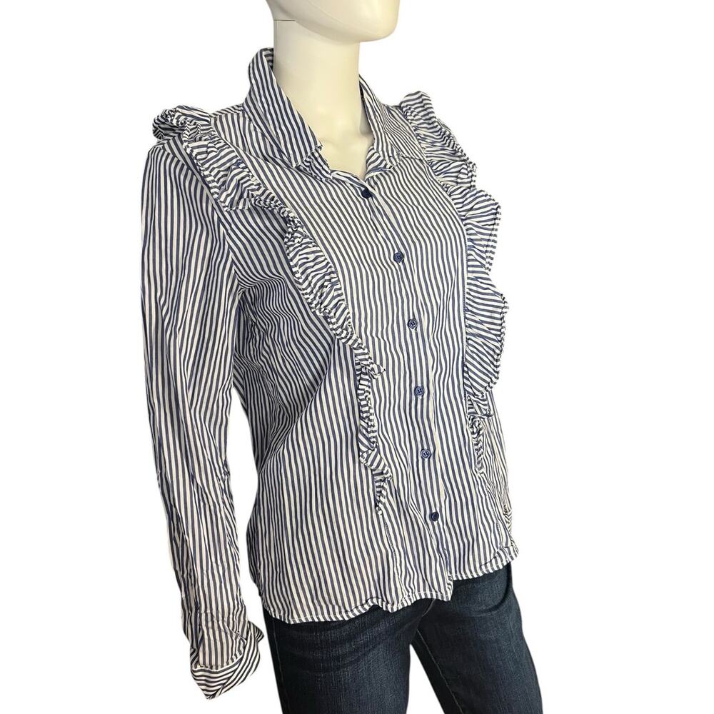 Socialite Nordstrom Blue White Striped Cotton Ruffle Button-Down Size Large